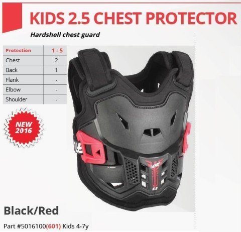 LEATT OSŁONA KLATKI PIERSIOWEJ (BUZER) CHEST PROTECTOR 2.5 KIDS BLACK KOLOR CZARNY/CZERWONY (4-7 LAT, 110-134 CM)